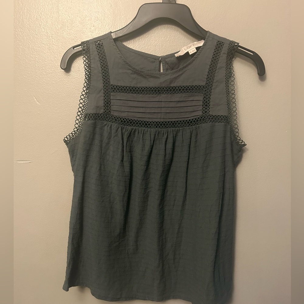 Loft Olive Green Sleeveless Top - embroidered lace trim, babydoll cut - Picture 2 of 10